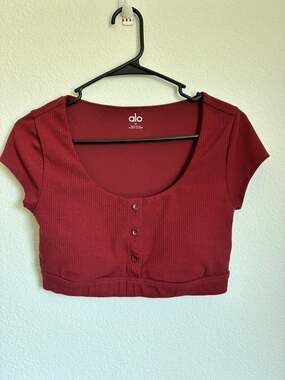 Alo Yoga Blissful Henley Bra Top Ribbed Athletic Crop Tee in Cranberry
